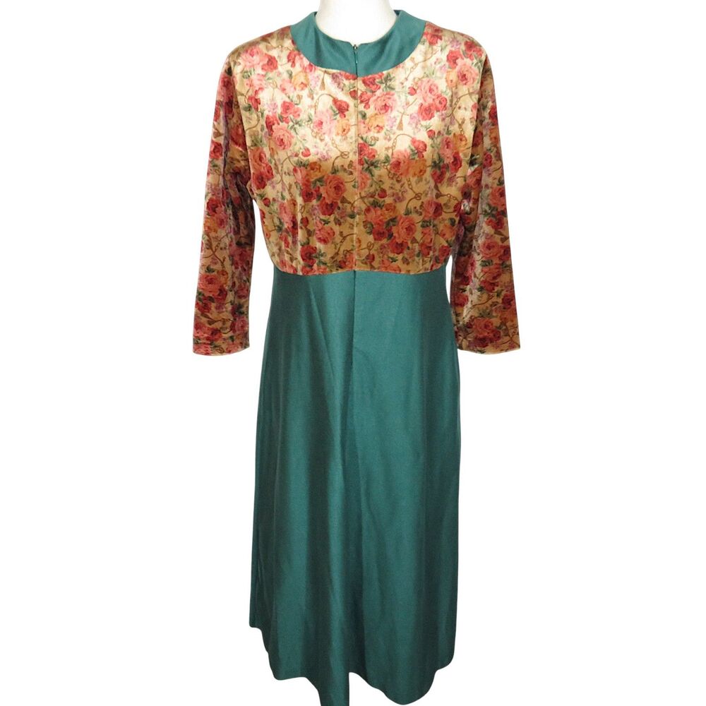 La Smock Vintage Floral Velour Bodice Partial Zip Lounge House Dress Size Small